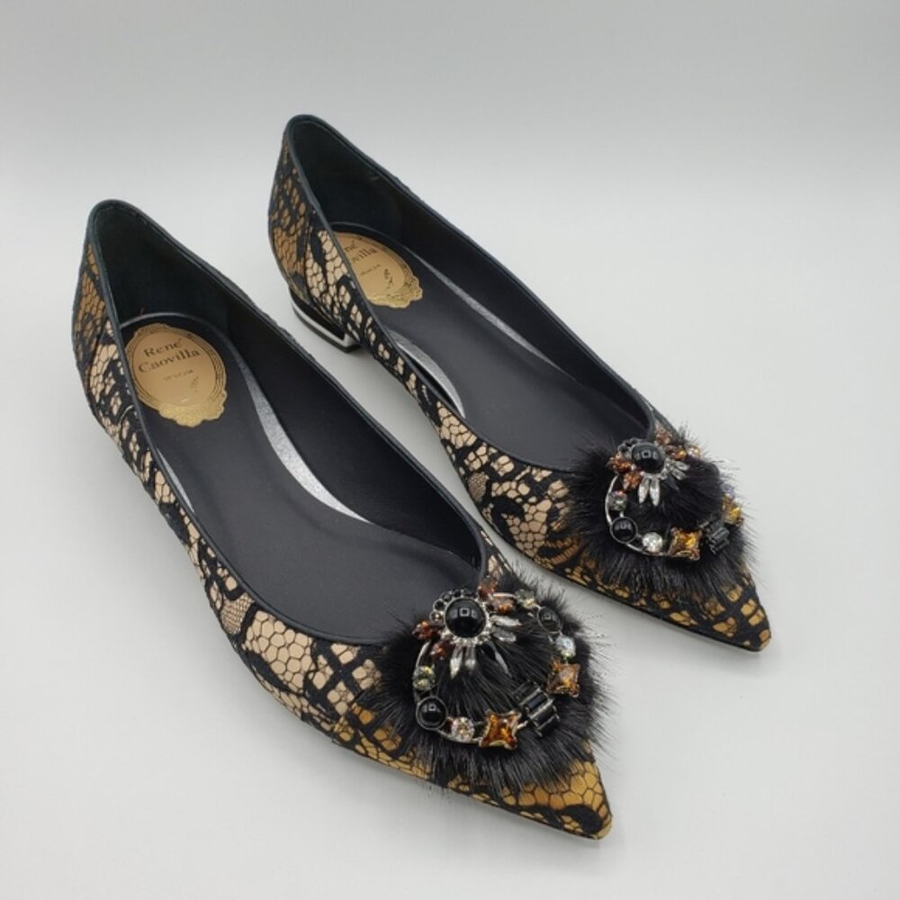 Rene Caovilla Ballet Flats Lace Mink Stones